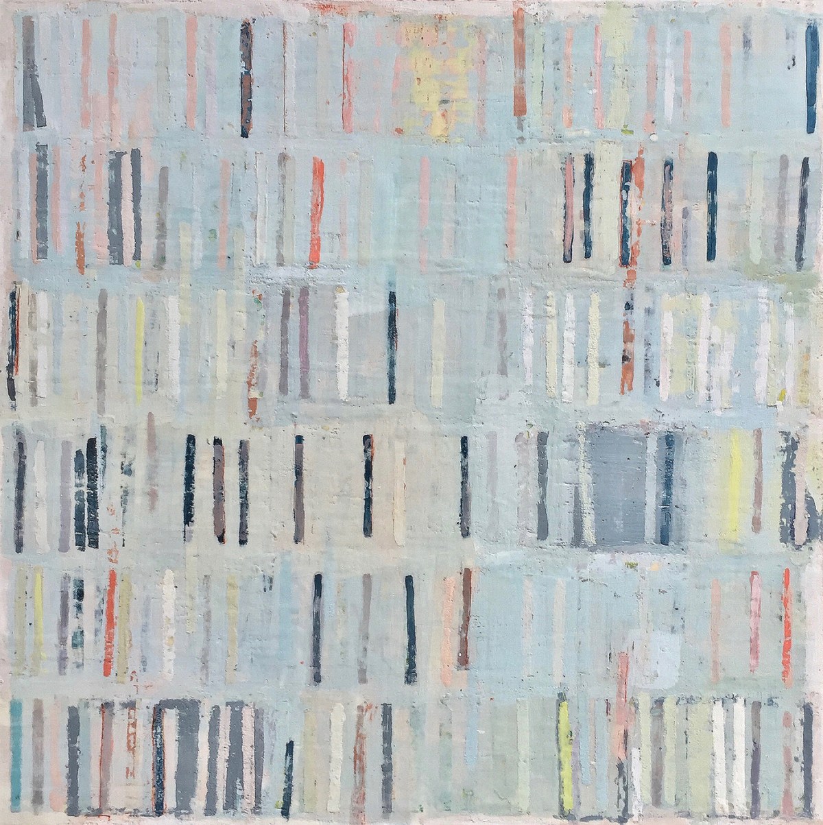 Quiet Spaces: This painting is an outworking of cultivating an atmosphere of order, calm, and beauty through spatial and chromatic exploration. The creative process is very meditative and involves cycles of printing, cutting, painting, and scraping. Encaustic is an ancient painting medium consisting of beeswax, damar resin, and pigment. Strips of encaustic monotype are embedded in layers of encaustic medium and more layers of encaustic paint are applied on top.