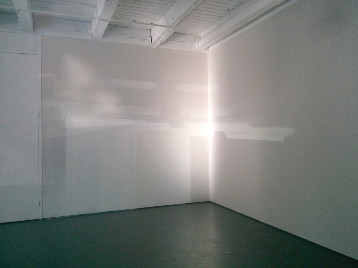 Now and Then: For this temporary installation at the Chicago Artists Coalition, the artist used spray paint to trace the unique movements of light and shadow that were cast upon the gallery walls on a prior evening in July—a time when the sun was close to its full summer height. For the duration of the piece’s September existence, this “memory” event interacted with the new light patterns cast at the autumn equinox, highlighting a state of in-betweenness and transience.