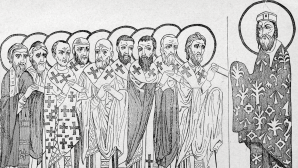 Members of the Council of Nicaea present their decision to Constantine.