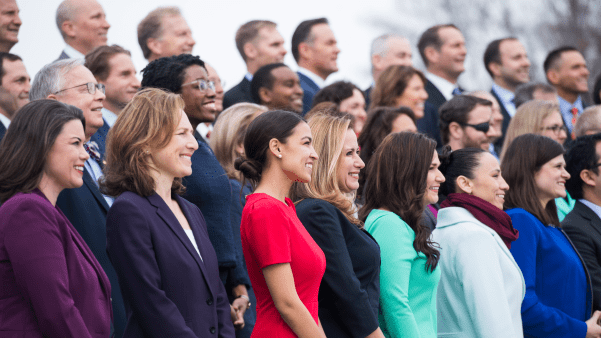 Members-elect pose for the freshman class photo on the East Front of the Capitol.