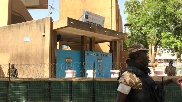 Security forces guard the armed forces building in Ouagadougou, Burkina Faso.  The country has suffered hundreds of terrorist attacks amid rising extremism since 2016, including its first church attack this week.