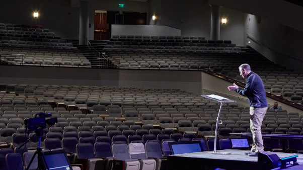 Pastors like Troy Dobbs at Grace Church in Eden Prairie, Minnesota, preached to empty sanctuaries as church services moved online last Sunday.