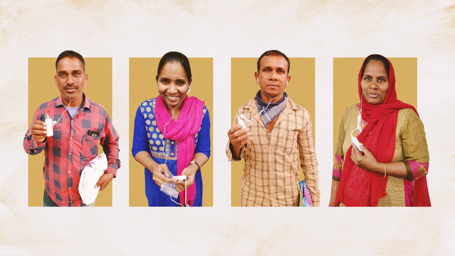 Migrant workers listen to audio New Testaments.