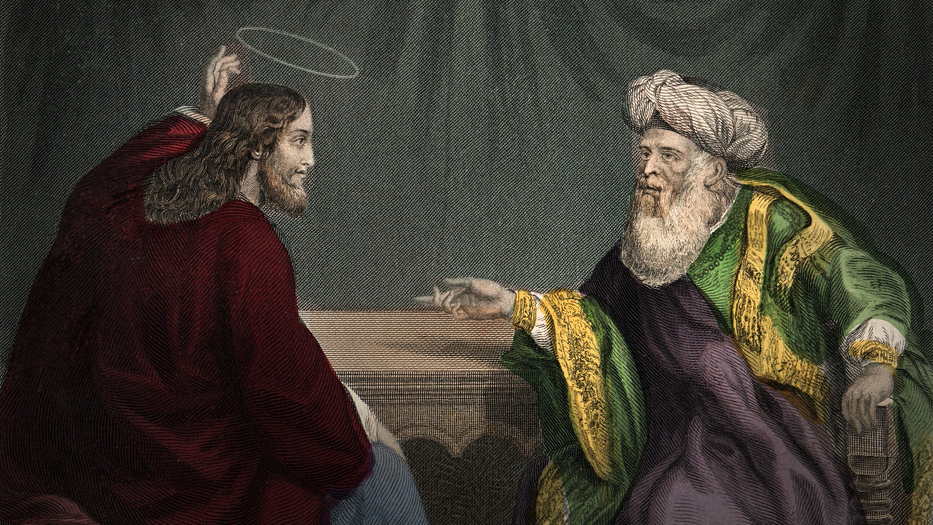 Vintage engraving of Jesus Christ And Nicodemus, Ye must be born again