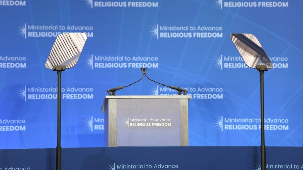 The podium at last year's religious freedom ministerial stage in DC. This year's IRF conference was virtually hosted by Poland.