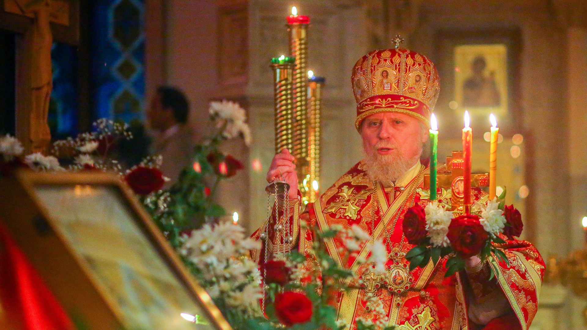 Archbishop Alexander of the Baku-Azerbaijan Diocese of the Russian Orthodox Church prays during a 2020 Easter service at the Holy Myrrhbearers Cathedral in Baku, Azerbaijan.