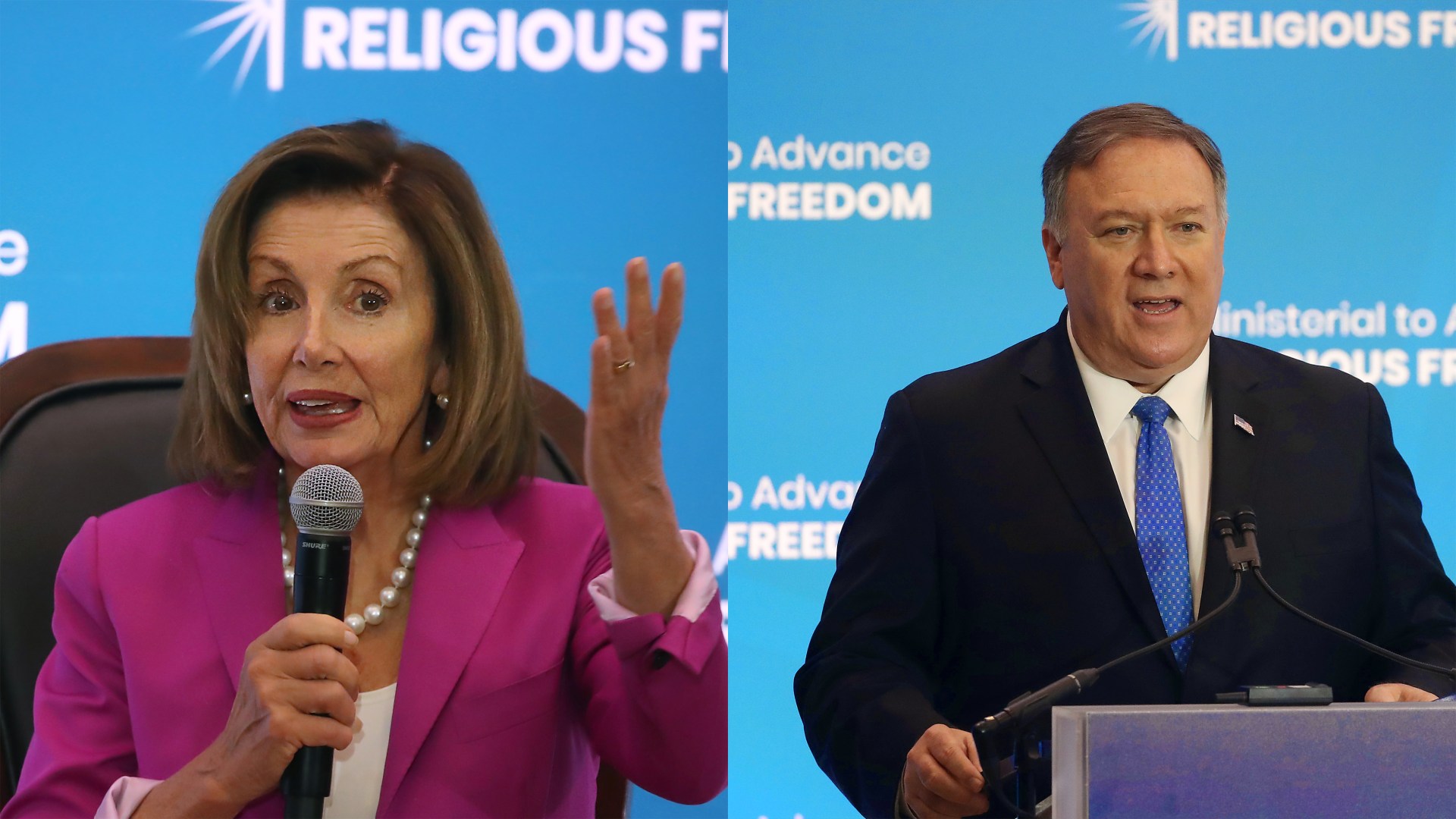 Speaker Nancy Pelosi and Secretary of State Mike Pompeo address the State Department's second religious freedom ministerial.