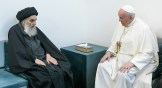 Pope Francis, right, meets with Iraq's leading Shiite cleric, Grand Ayatollah Ali al-Sistani in Najaf, Iraq, on Saturday, March 6.