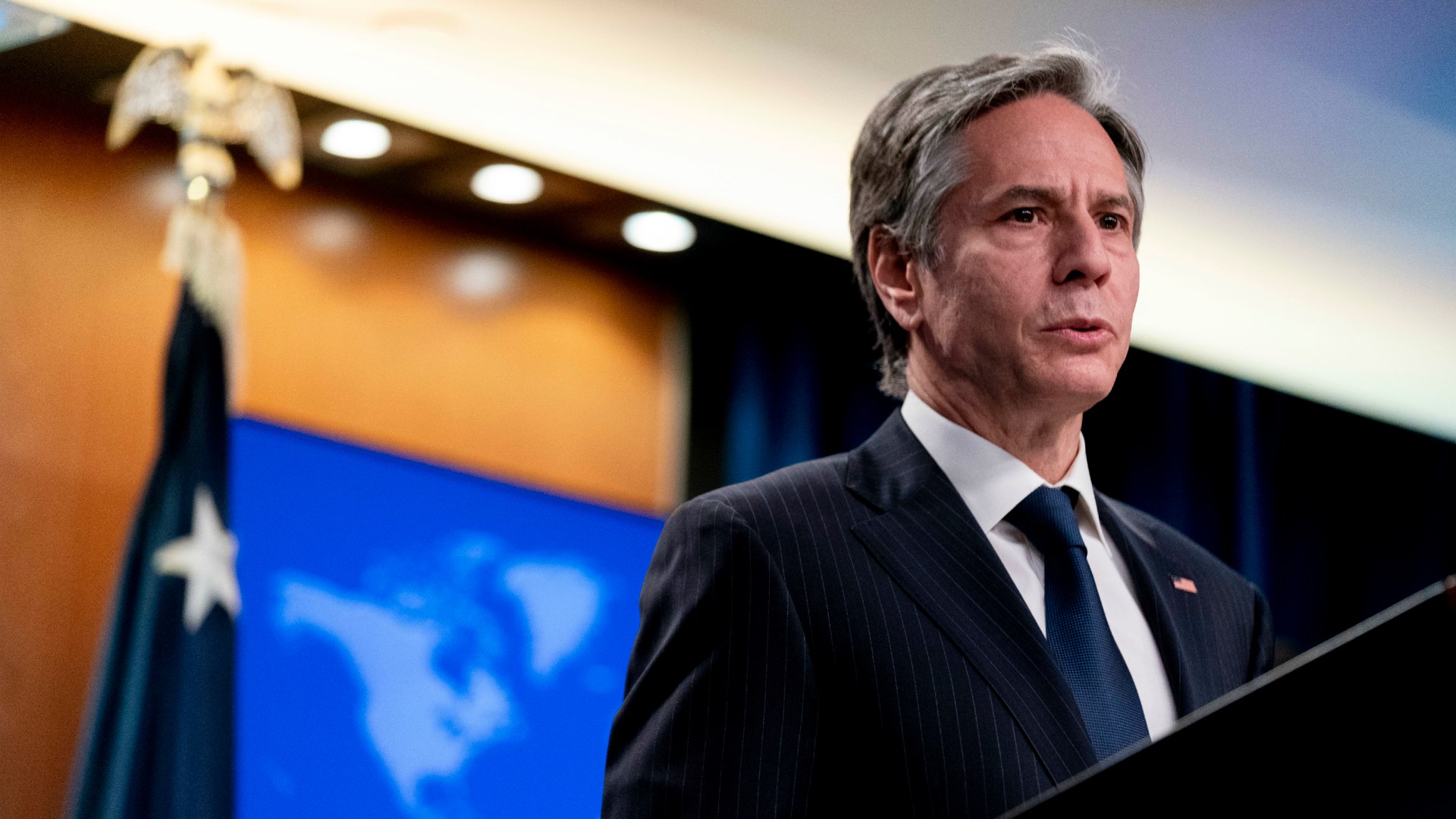 Secretary of State Antony Blinken speaks at a news conference to announce the annual International Religious Freedom Report at the State Department in Washington, Wednesday, May 12, 2021.