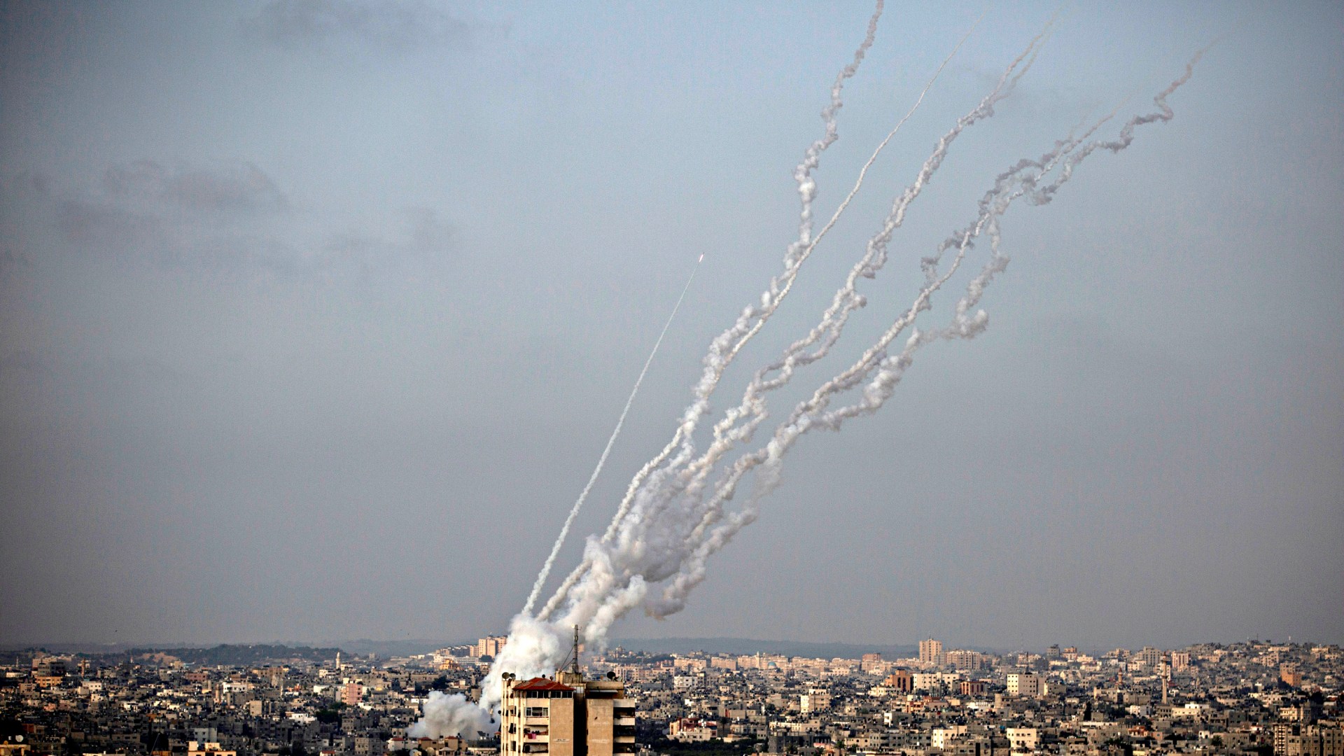 Rockets are launched from the Gaza Strip toward Israel on May 10, 2021.