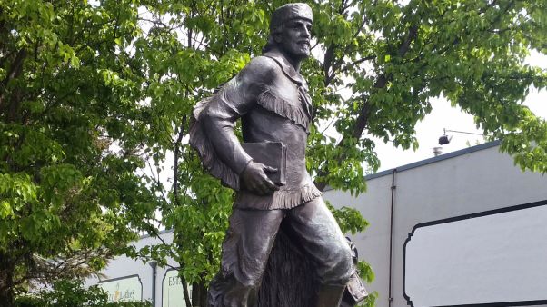 A statue of Marcus Whitman stands on city property just outside the Whitman College campus in Walla Walla, Washington.