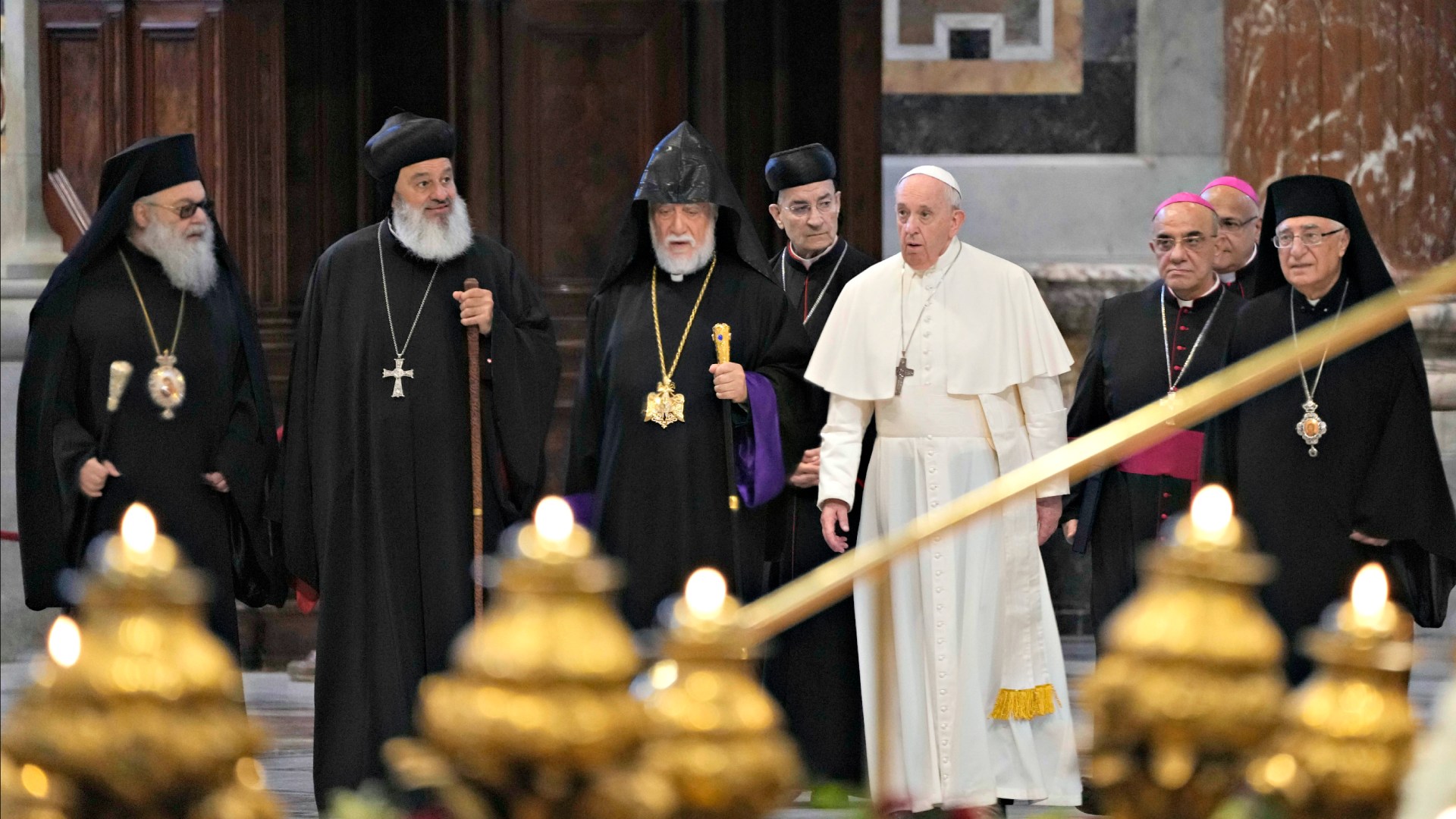 Pope Francis and Lebanon's Christian leaders arrive to pray in St. Peter's Basilica on July 1 during a Vatican meeting to discuss the current crisis.