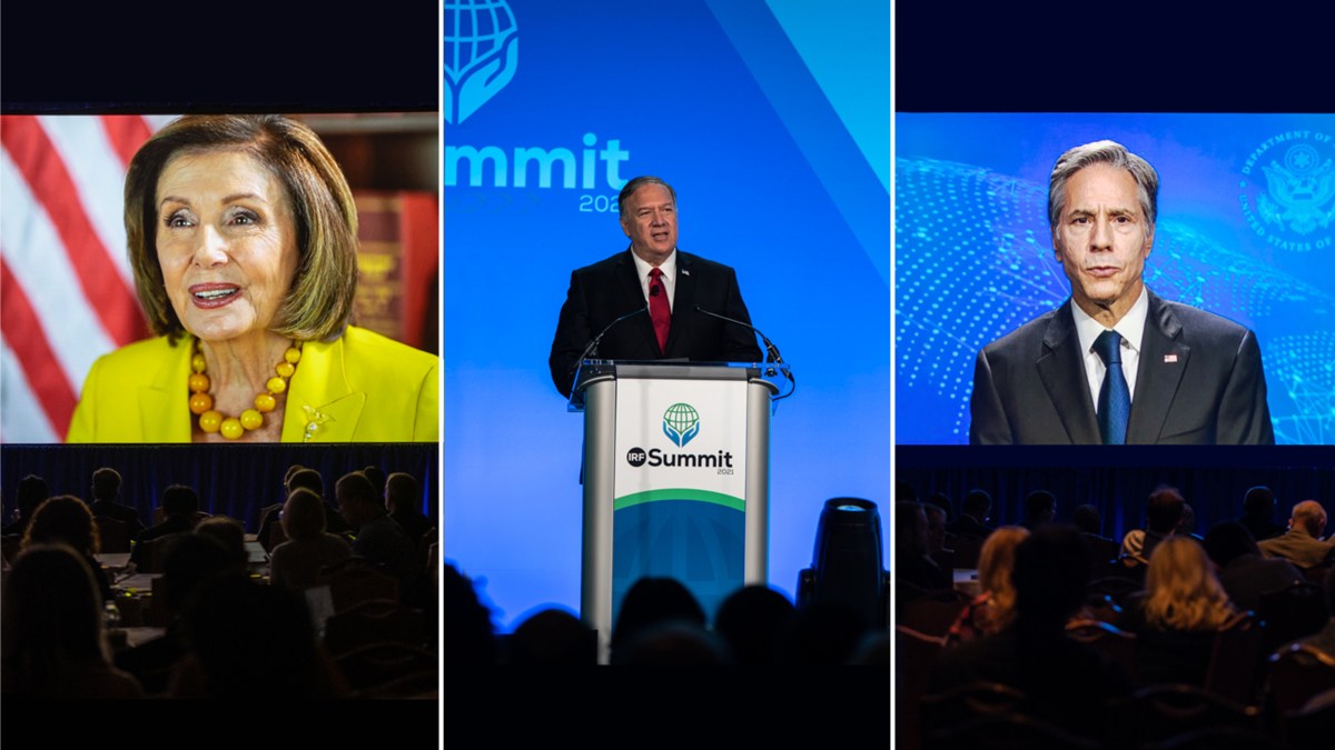 Speaker of the House Nancy Pelosi, former Secretary of State Mike Pompeo, and current Secretary of State Antony Blinken address the 2021 International Religious Freedom Summit in Washington.