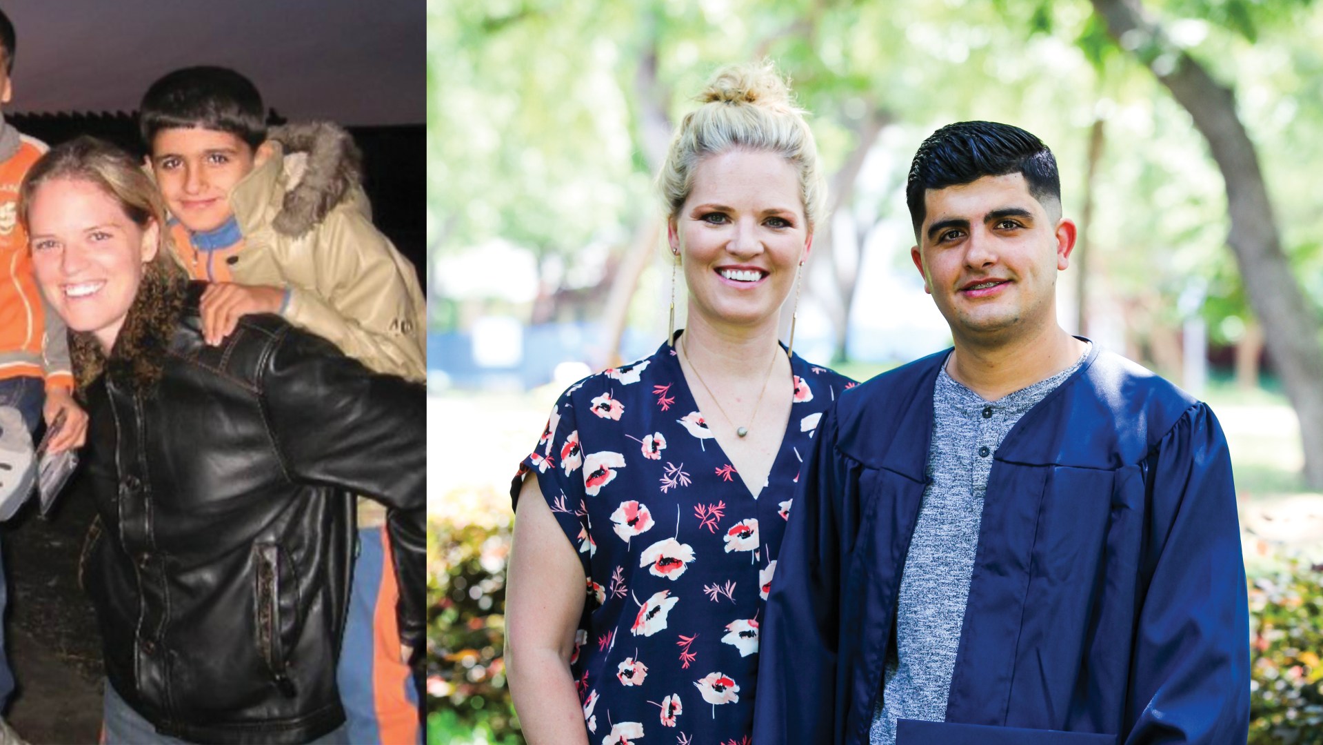 Heather and her son, Hawal, in 2009 (left) and at his graduation in 2018 (right).