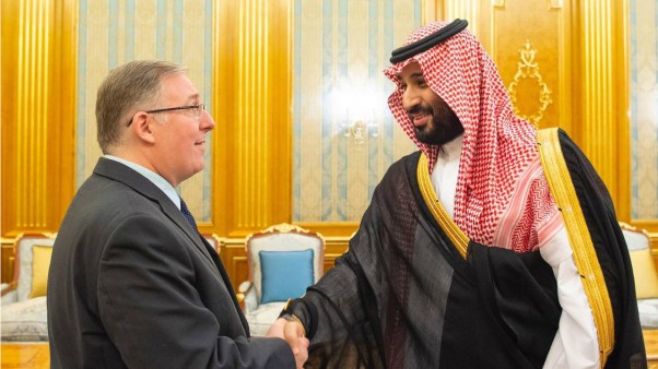 Crown Prince Mohamed bin Salman (right) greets Joel C. Rosenberg at the Royal Court in Jeddah on September 10, 2019.