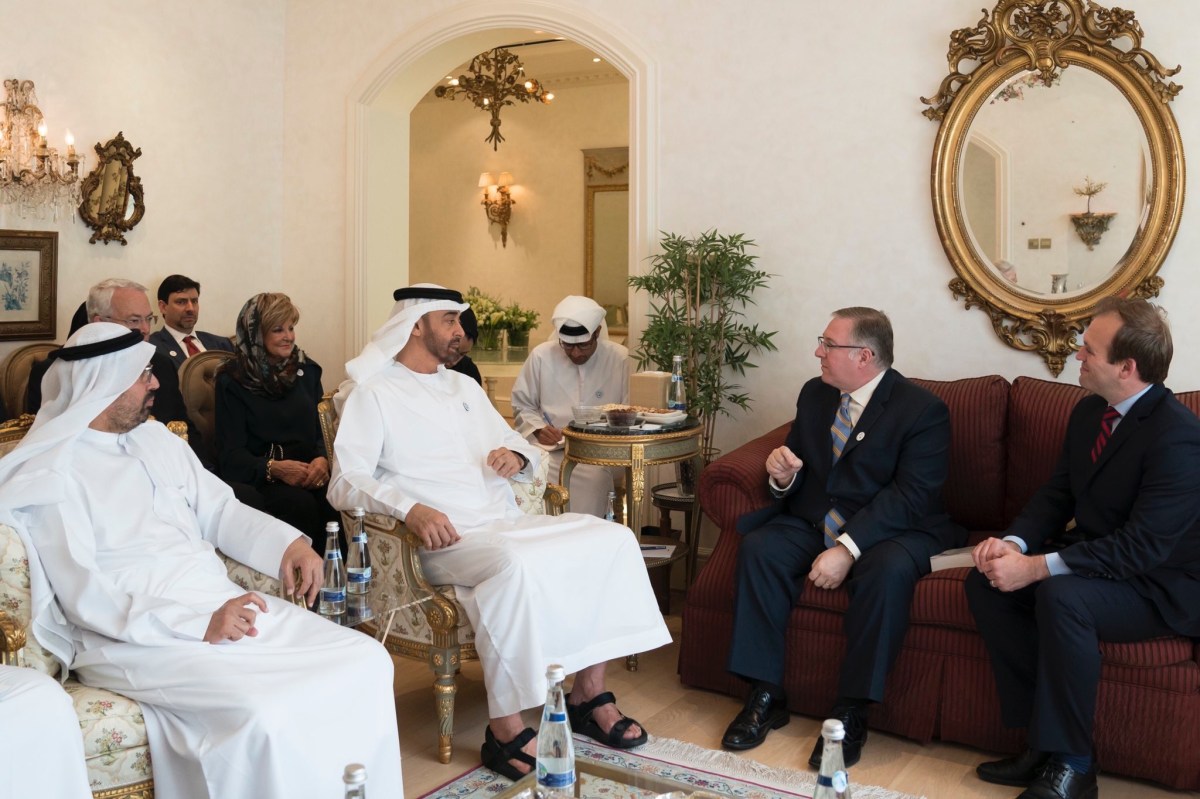 Sheikh Mohamed bin Zayed, Crown Prince of Abu Dhabi (center), welcomes a delegation of American evangelicals including Joel C. Rosenberg (left) and Johnnie Moore (right) into his home.