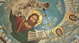 An icon of Christ damaged by shelling at St. Ignatius (Bryanchaninov) Church in Donetsk, Ukraine, seen in April 2017.