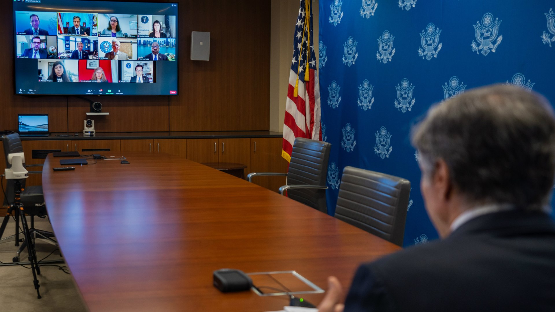 Secretary of State Antony J. Blinken meets with the US Commission on International Religious Freedom in July 2021. USCIRF disagrees with the State Department's Countries of Particular Concern list of religious freedom violators.