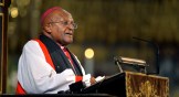 South African archbishop emeritus Desmond Tutu makes an address at Westminster Abbey in London during the memorial service for former South African president Nelson Mandela on March 3, 2014.