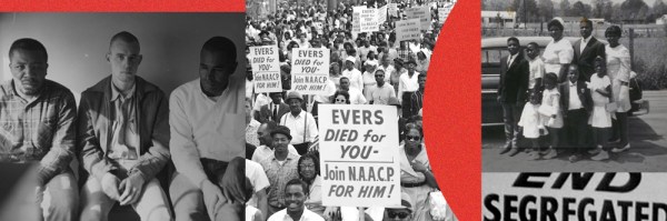 Left: Perkins arrested after protest in 1970 Middle: Medgar funeral march in 1963 Right: The Perkins Family in 1960