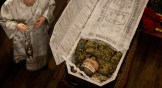 The body of Captain Anton Olegovich Sidorov, recently killed in Donetsk, is seen during his funeral on February 22, 2022 in Kyiv, Ukraine.