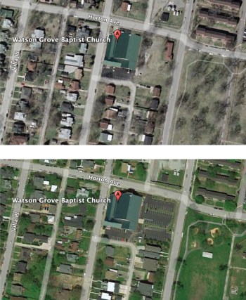 Watson Grove church in 2003 (top) before the expansion of its parking lot (below)