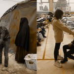 Left: Displaced Syrians light a fire outside their tent at a refugee camp. Right: Ukrainians in Poland seeking refuge from Russian invasion.