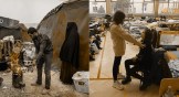 Left: Displaced Syrians light a fire outside their tent at a refugee camp. Right: Ukrainians in Poland seeking refuge from Russian invasion.