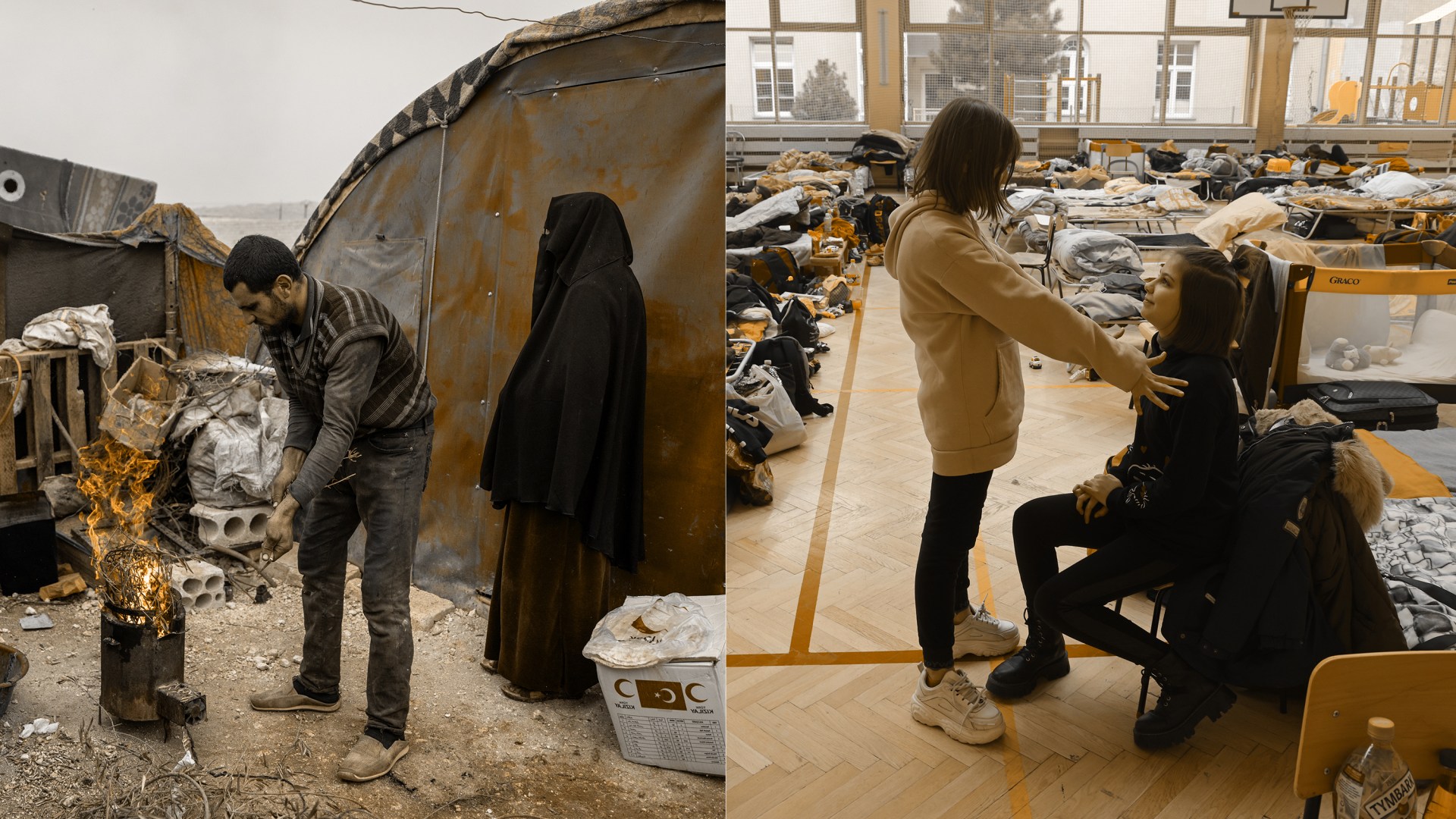 Left: Displaced Syrians light a fire outside their tent at a refugee camp. Right: Ukrainians in Poland seeking refuge from Russian invasion.