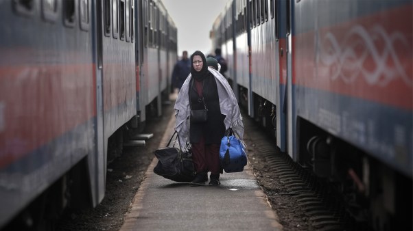 Refugees fleeing Ukraine arrive at the border train station of Zahony, Hungary, on March 8, 2022.