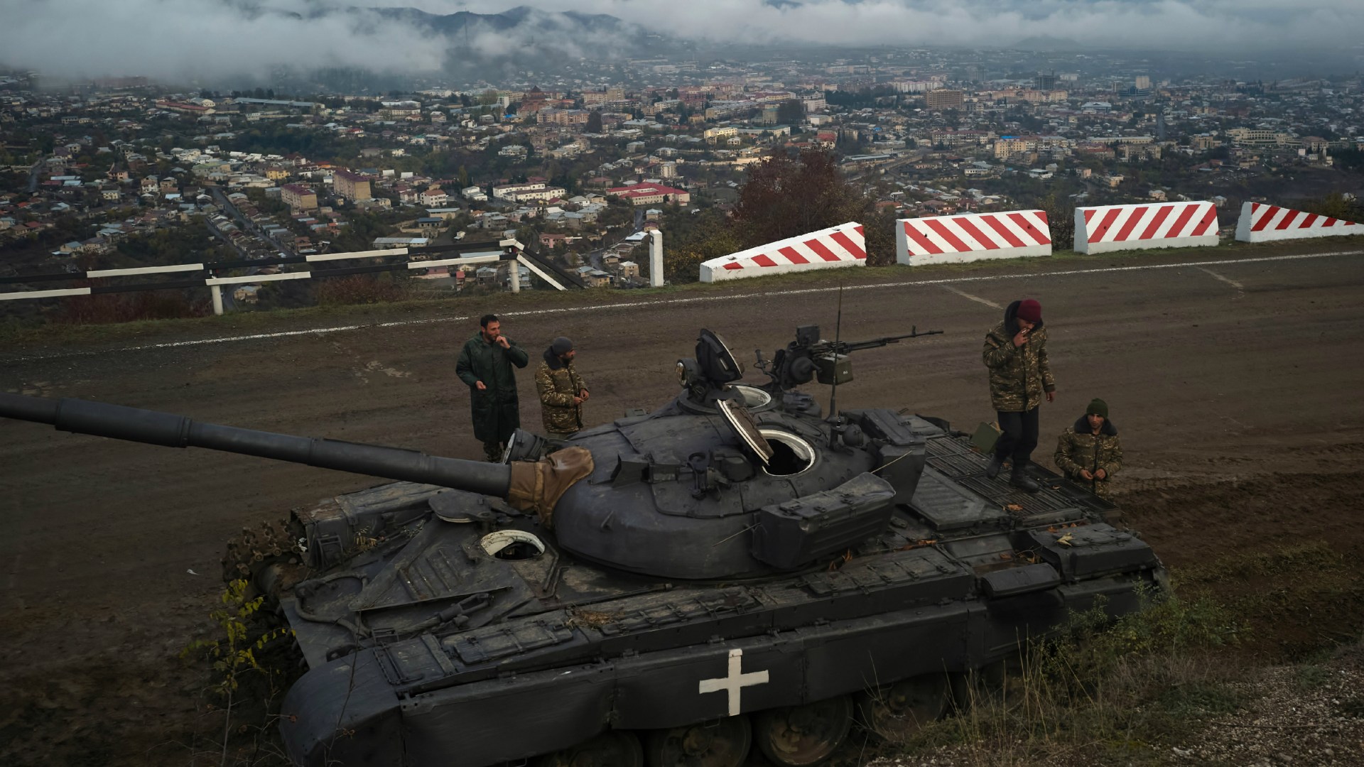 Soldiers keep guard on November 13, 2020 in Stepanakert, Nagorno-Karabakh, following the November 9 ceasefire between Armenia and Azerbaijan.
