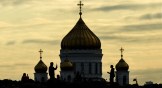 A sunset view from Zaryadye park with Christ the Savior Cathedral in the background in downtown Moscow, Russia, on April 19, 2022.