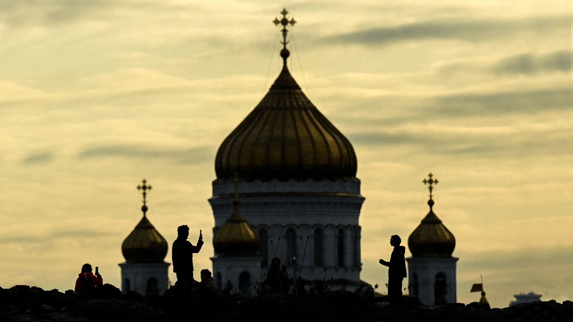 A sunset view from Zaryadye park with Christ the Savior Cathedral in the background in downtown Moscow, Russia, on April 19, 2022.