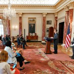 Secretary of State Antony Blinken, with Ambassador-at-Large for International Religious Freedom Rashad Hussain, delivers remarks on the 2021 Report on International Religious Freedom at the US Department of State on June 2, 2022.