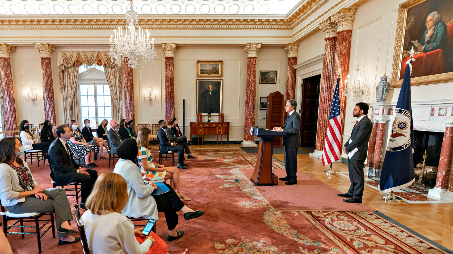 Secretary of State Antony Blinken, with Ambassador-at-Large for International Religious Freedom Rashad Hussain, delivers remarks on the 2021 Report on International Religious Freedom at the US Department of State on June 2, 2022.