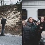 Left: A rocket embedded in the asphalt on a rural road between the villages of Piskivka and Kukhari, northwest of Kyiv. Right: Passengers wait on a crowded train station platform in Lviv, Ukraine.