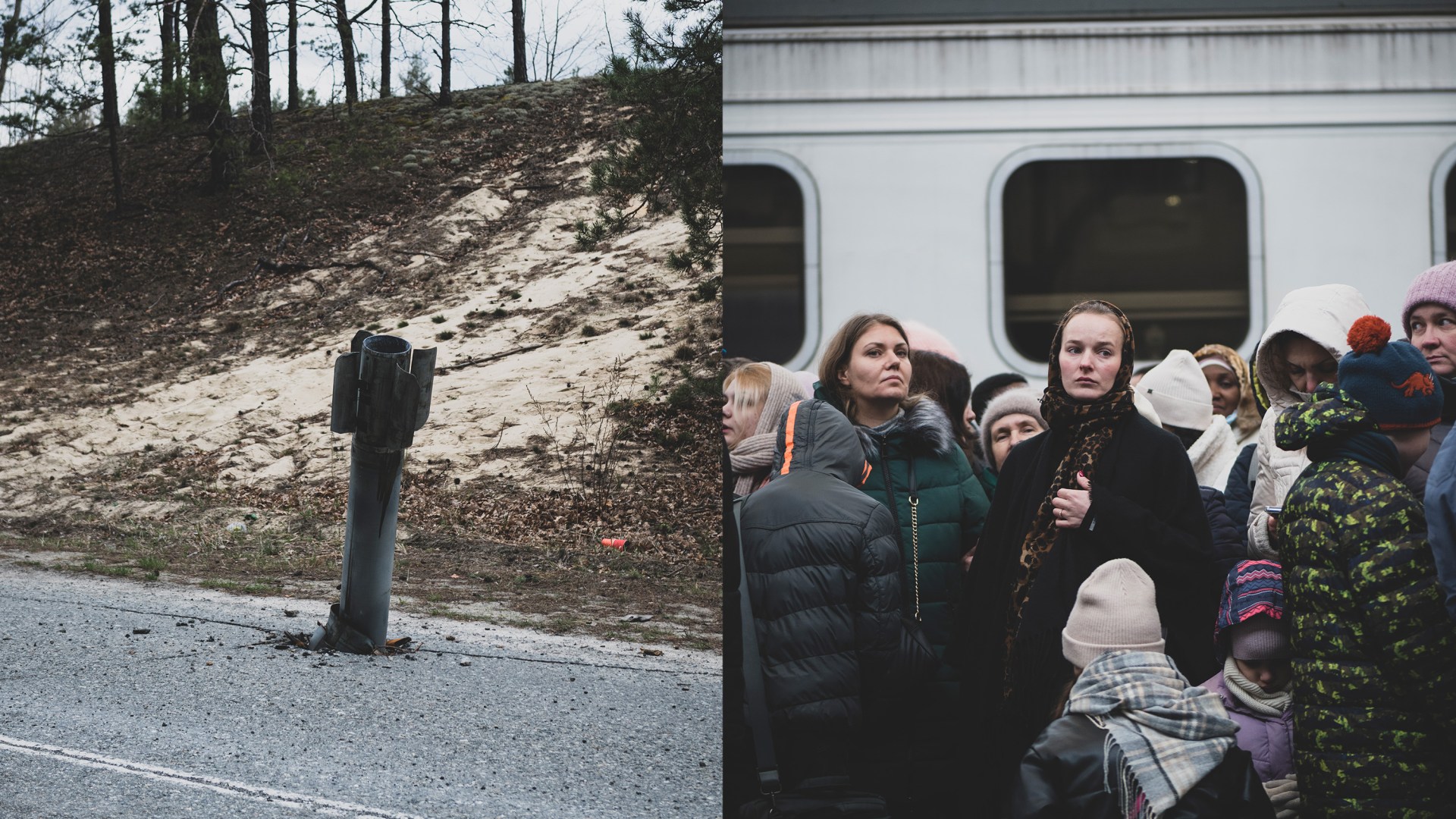 Left: A rocket embedded in the asphalt on a rural road between the villages of Piskivka and Kukhari, northwest of Kyiv. Right: Passengers wait on a crowded train station platform in Lviv, Ukraine.