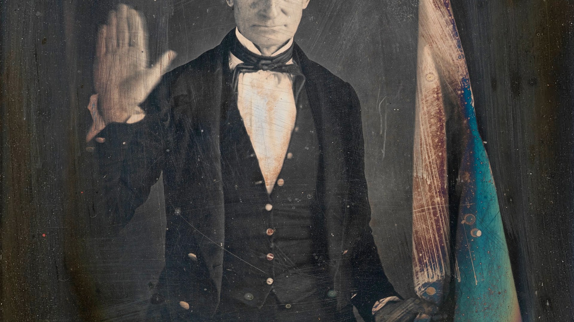John Brown holding the flag of Subterranean Pass Way, his militant counterpart to the Underground Railroad, c. 1846–1847.