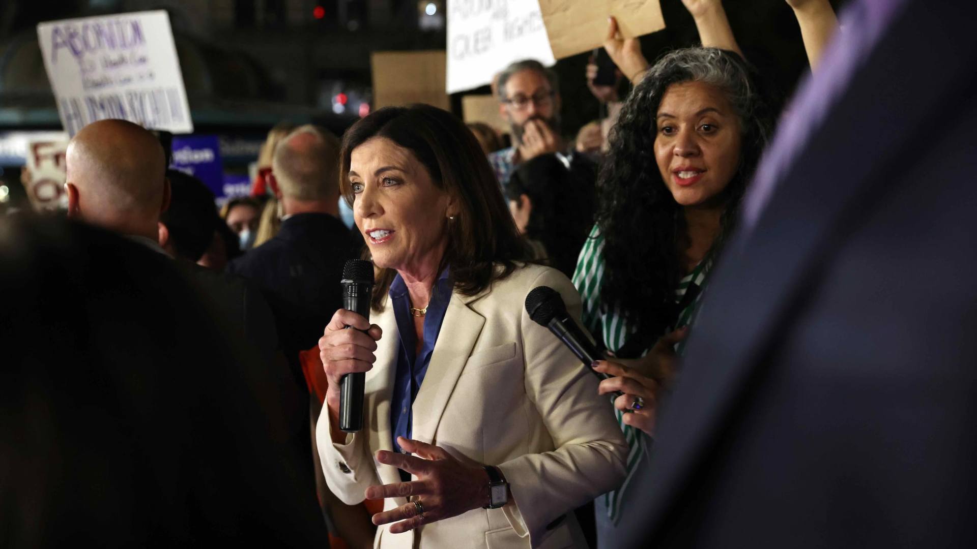 New York Gov. Kathy Hochul speaks at a protest against the Supreme Court decision in Dobbs v. Jackson.