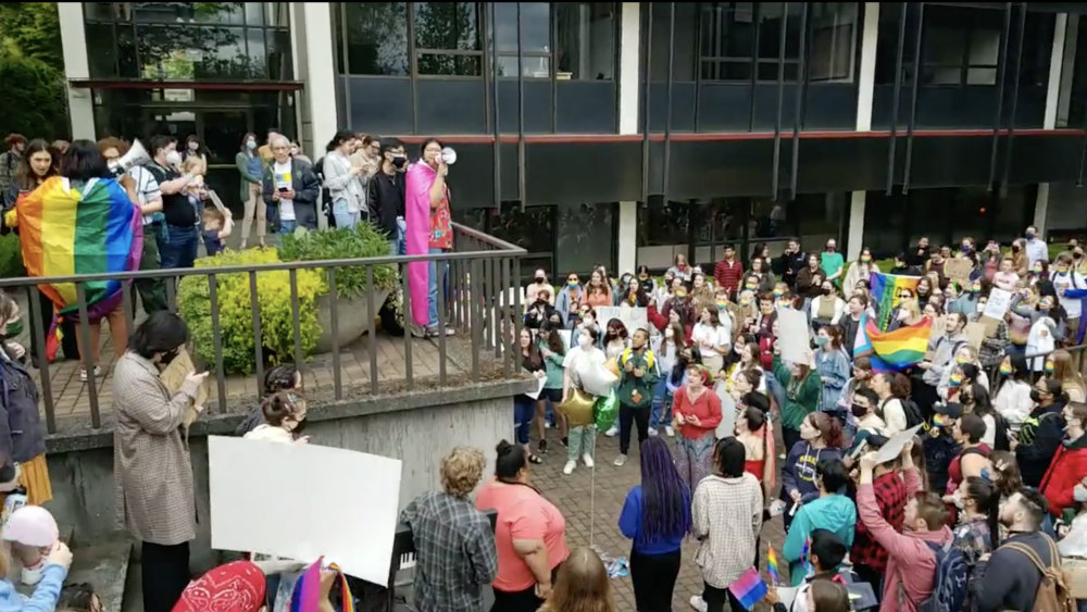 Students chant "We want gay faculty, we want gay staff" at Seattle Pacific University.