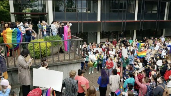 Students chant "We want gay faculty, we want gay staff" at Seattle Pacific University.