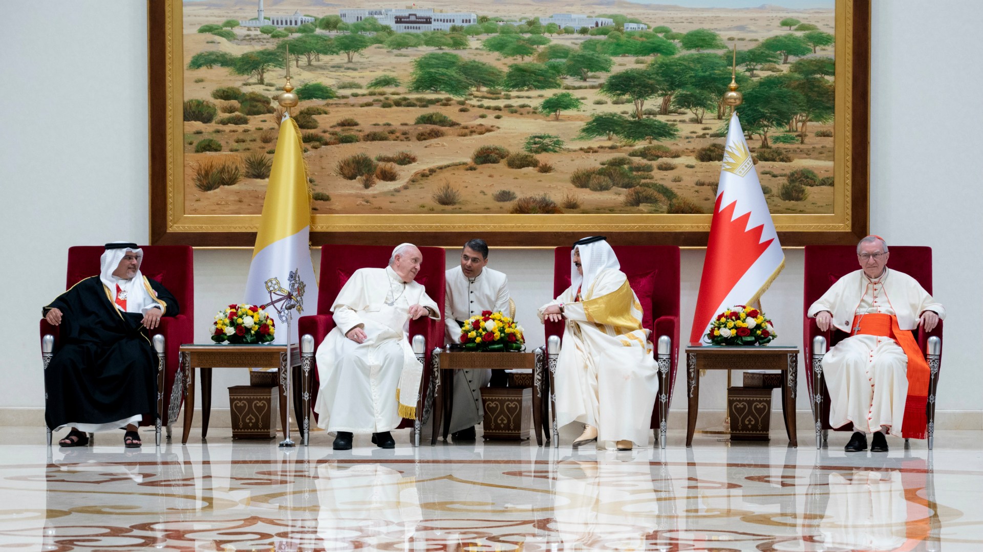 Pope Francis meets with King of Bahrain Hamad bin Isa Al Khalifa (second from right) at the Sakhir Royal Palace on November 3, 2022.