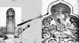 Left: 1907 photograph of the Xi'an Stele, on its turtle (Bixi) pedestal. Right: A Nestorian tombstone from Quanzhou.