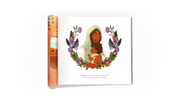 As Mary pondered the events in her young son's life (Luke 2:19), she might have held young Jesus extra close as she recalled the words of prophecy from Simeon. Jesus' bushy hair is a nod to the description of hair like wool from the Apostle John in Revelations 1:14.