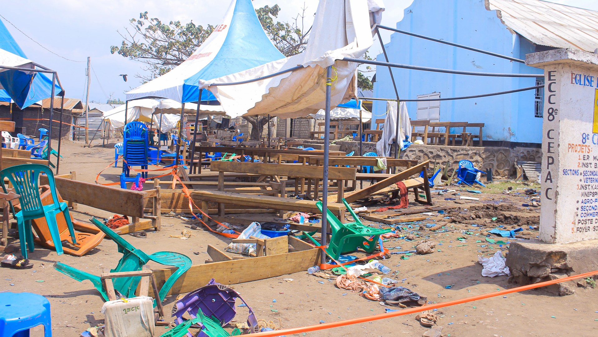 The aftermath of an ADF terrorist attack at a Pentecostal church in Kasindi, in the Democratic Republic of Congo (DRC) North Kivu province, on January 16, 2023.