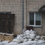 Sandbags in the windows of a Kherson church.