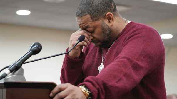 Wayne Jones, the son of Tops grocery store shooting victim Celestine Chaney, pauses to collect himself as he makes a statement to the court during the sentencing of shooter Payton Gendron.