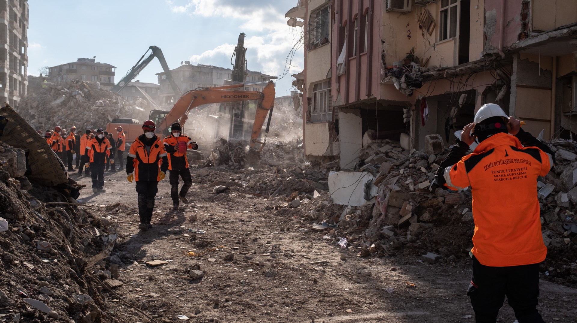 Rescuers work at site of collapsed buildings on February 19, 2023 in Hatay, Turkey.