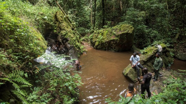 Men look at a waterfall in a protected Ghana forest. Environmental campaigners want the government to abandon plans to mine bauxite in the Atewa Range Forest Reserve.