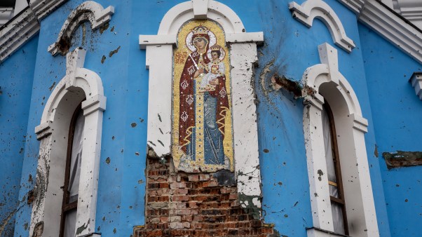 An Orthodox church stands damaged from artillery on February 27, 2023 in Bogorodychne, in the Donbas region of eastern Ukraine. The church grounds had reportedly been used as a headquarters for occupying Russian forces and was the scene of intense fighting with Ukrainian troops, who liberated the town last fall.